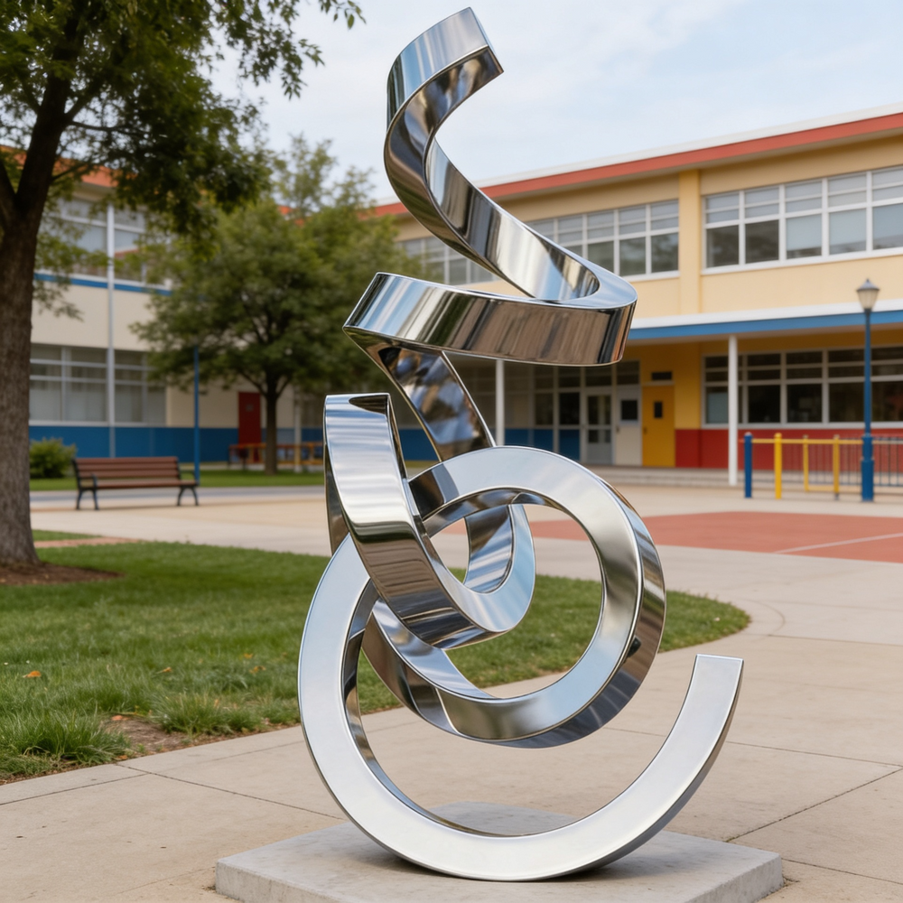 Reflective metal sculpture with smooth twisting curves arranged in an abstract interwoven design