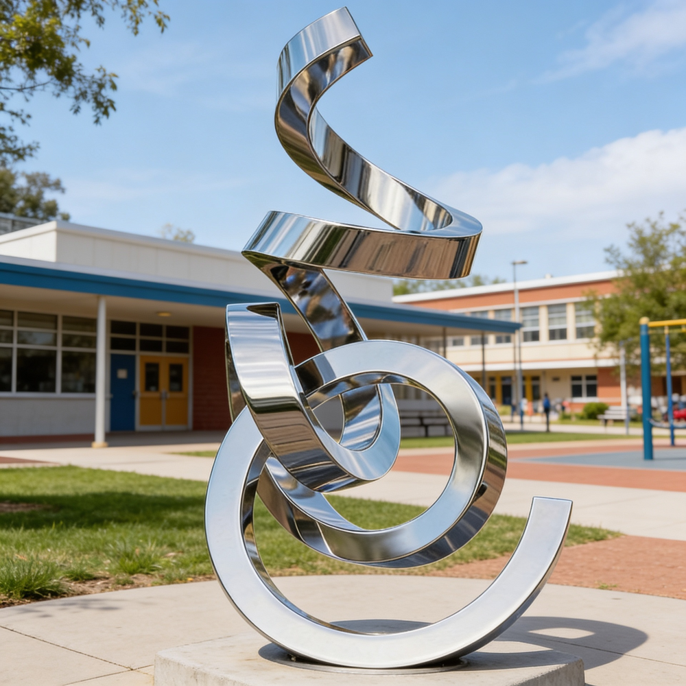 Polished steel‑like abstract sculpture with fluid ribbon curves and mirrored highlights
