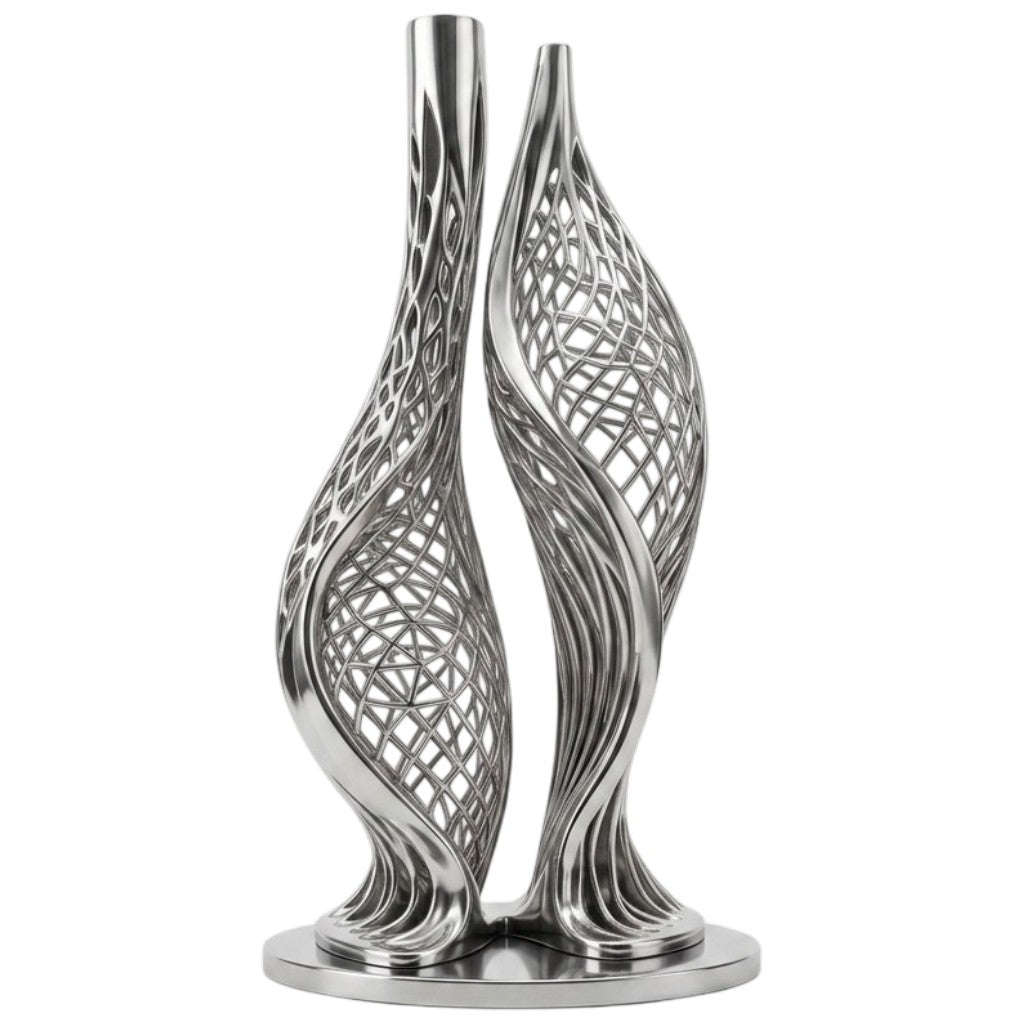 Silver decorative sculpture with intricate design on a white background