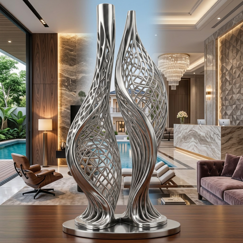 Decorative metal sculptures in a luxurious living room setting