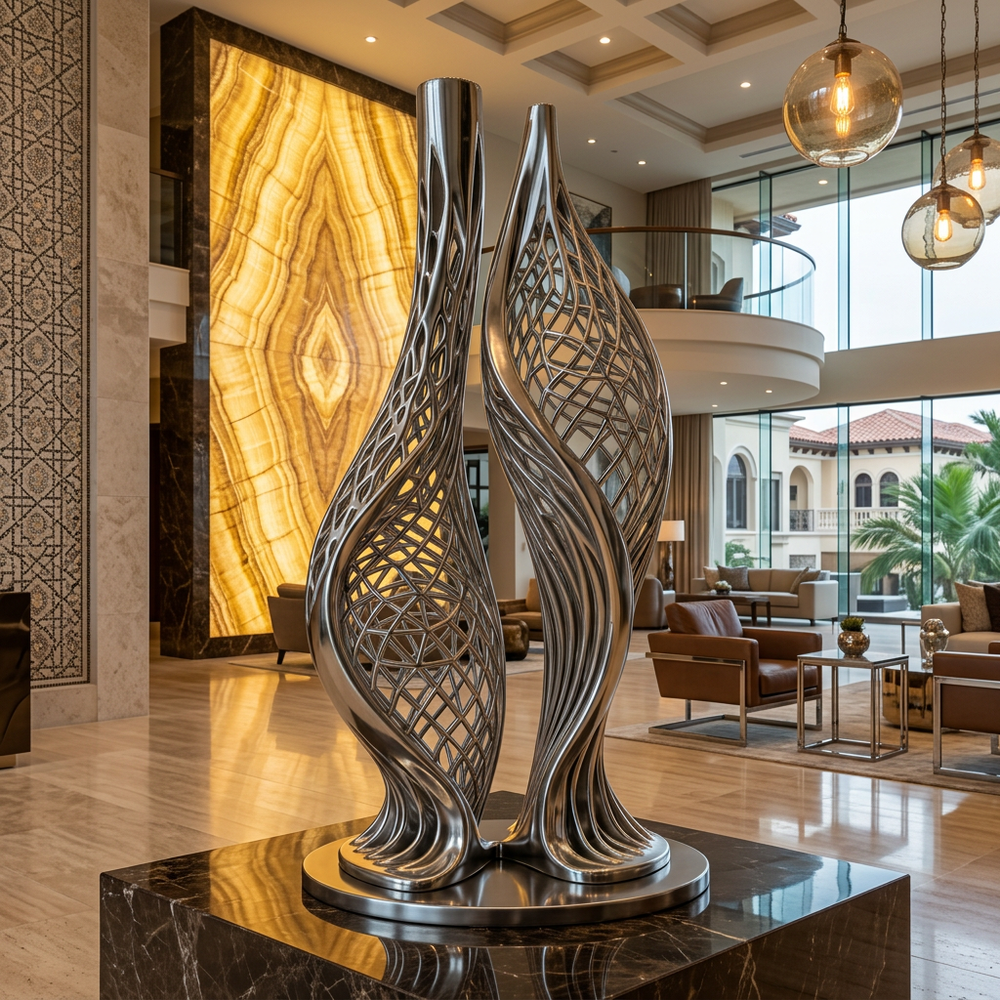 Decorative sculpture in a luxurious interior setting with marble walls and modern furniture.