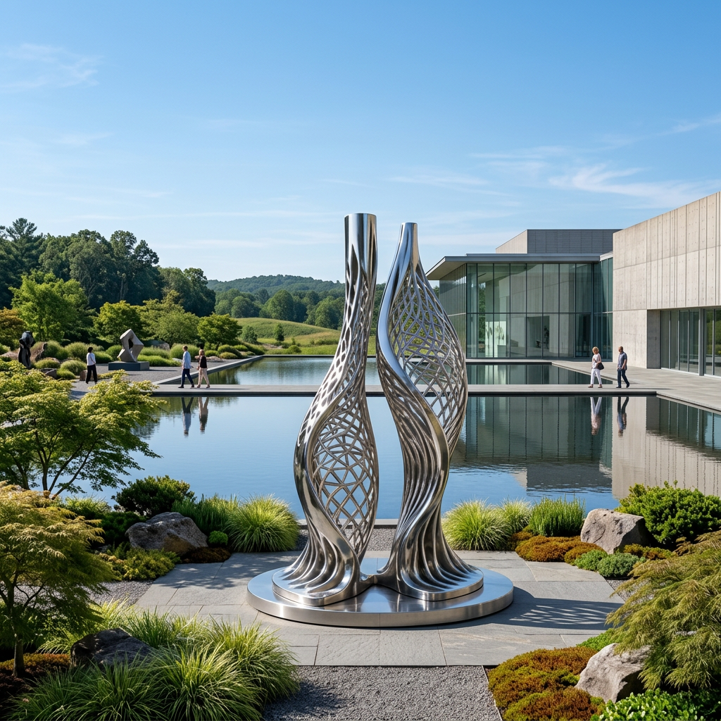 Modern sculpture in a garden setting with a building and pool in the background