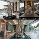 Decorative metal sculpture in various settings including a modern home interior and outdoor pool area.