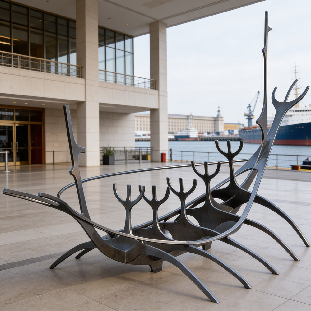 Reflective metallic artwork with smooth curved elements arranged in a ship‑like abstract structure