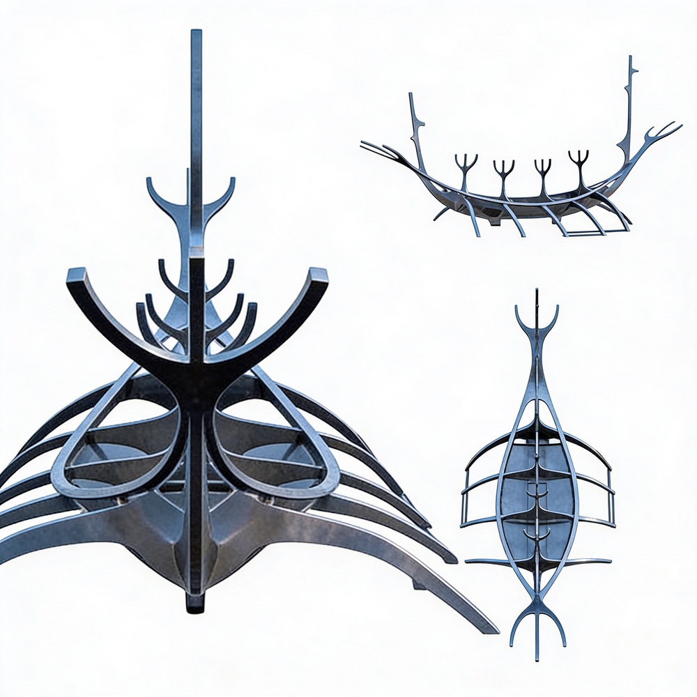 Abstract polished metal sculpture with upward‑reaching elements arranged in a vessel‑like formation
