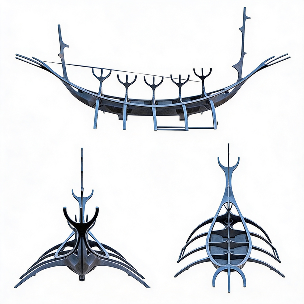 Reflective metallic artwork with smooth curved elements arranged in a ship‑like abstract structure.