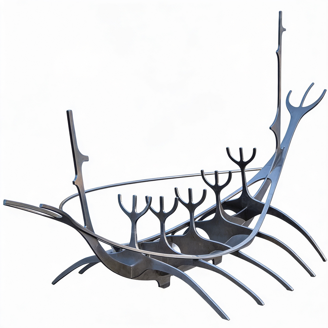 Polished metal sculpture featuring upward‑curved abstract forms inspired by a stylized Viking ship