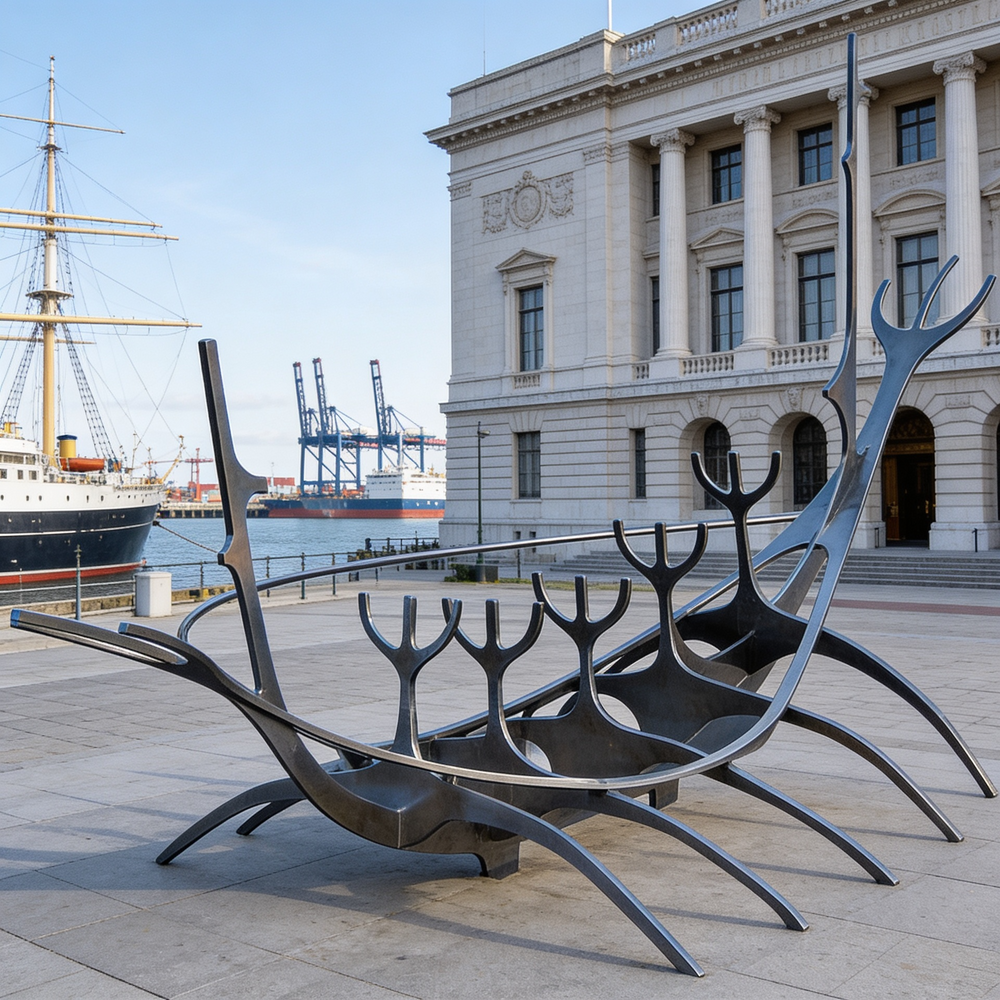 Modern polished metal sculpture resembling a Viking ship with upward‑reaching curved forms