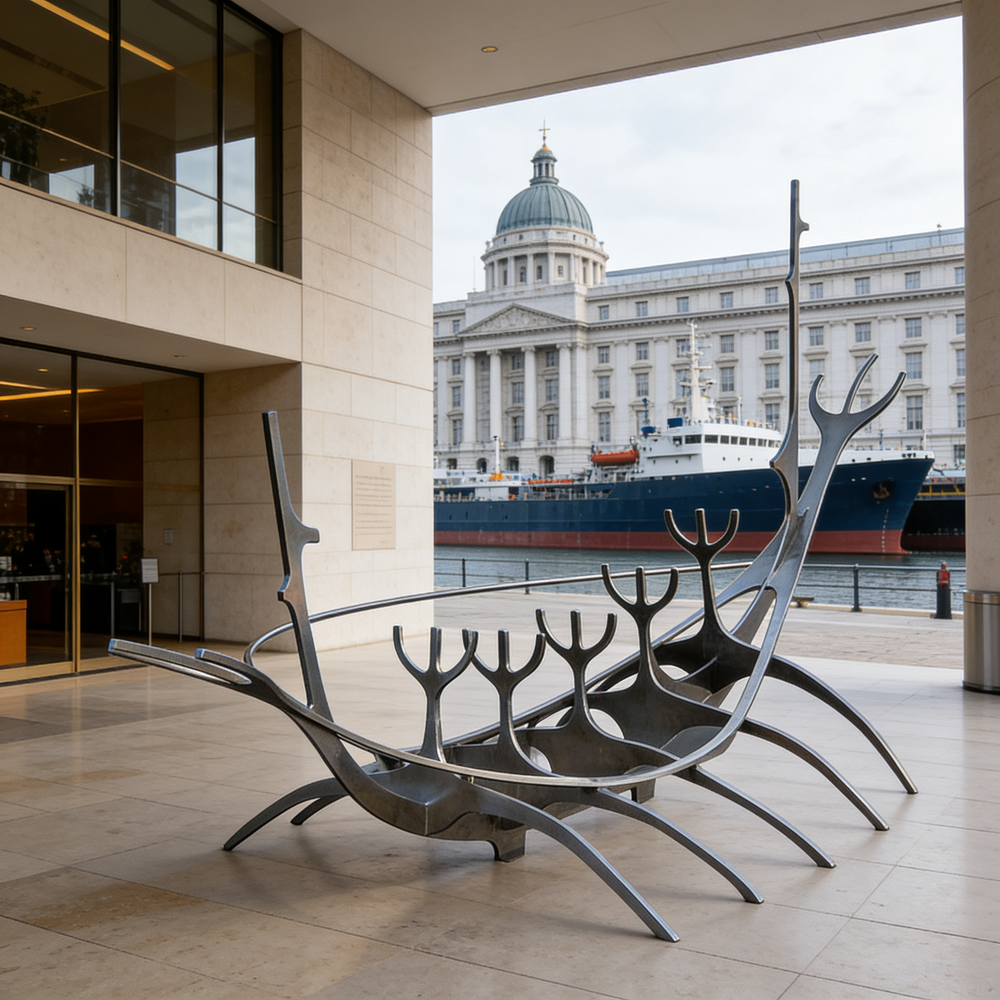 Reflective metal installation featuring upward sweeping curves reminiscent of a Viking longship