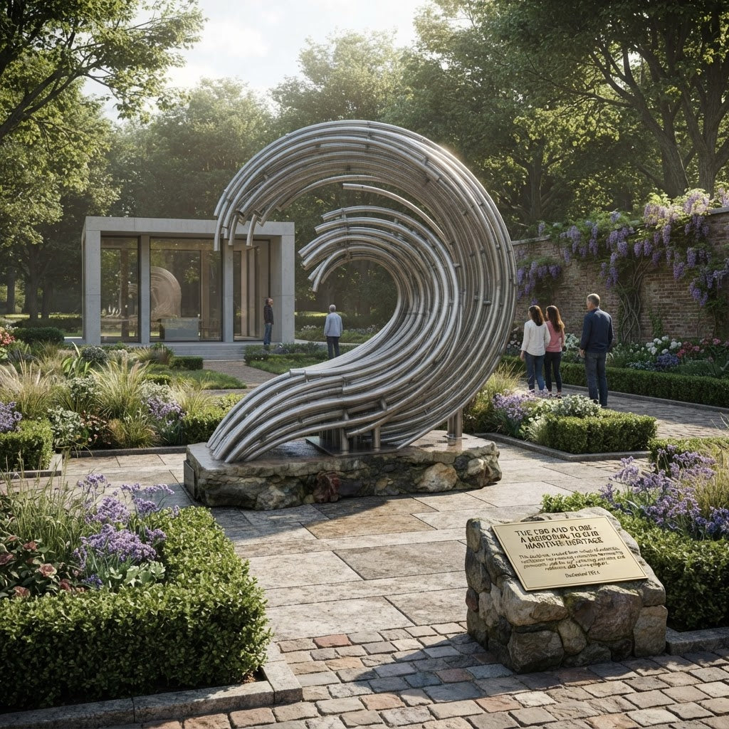 A large abstract metallic sculpture resembling layered curved tubes or a spiral shell, mounted on a stone base in a landscaped garden courtyard. Small people are visible walking nearby, and the scene includes flower beds, trees, a stone wall with purple flowers, and a plaque in the foreground.