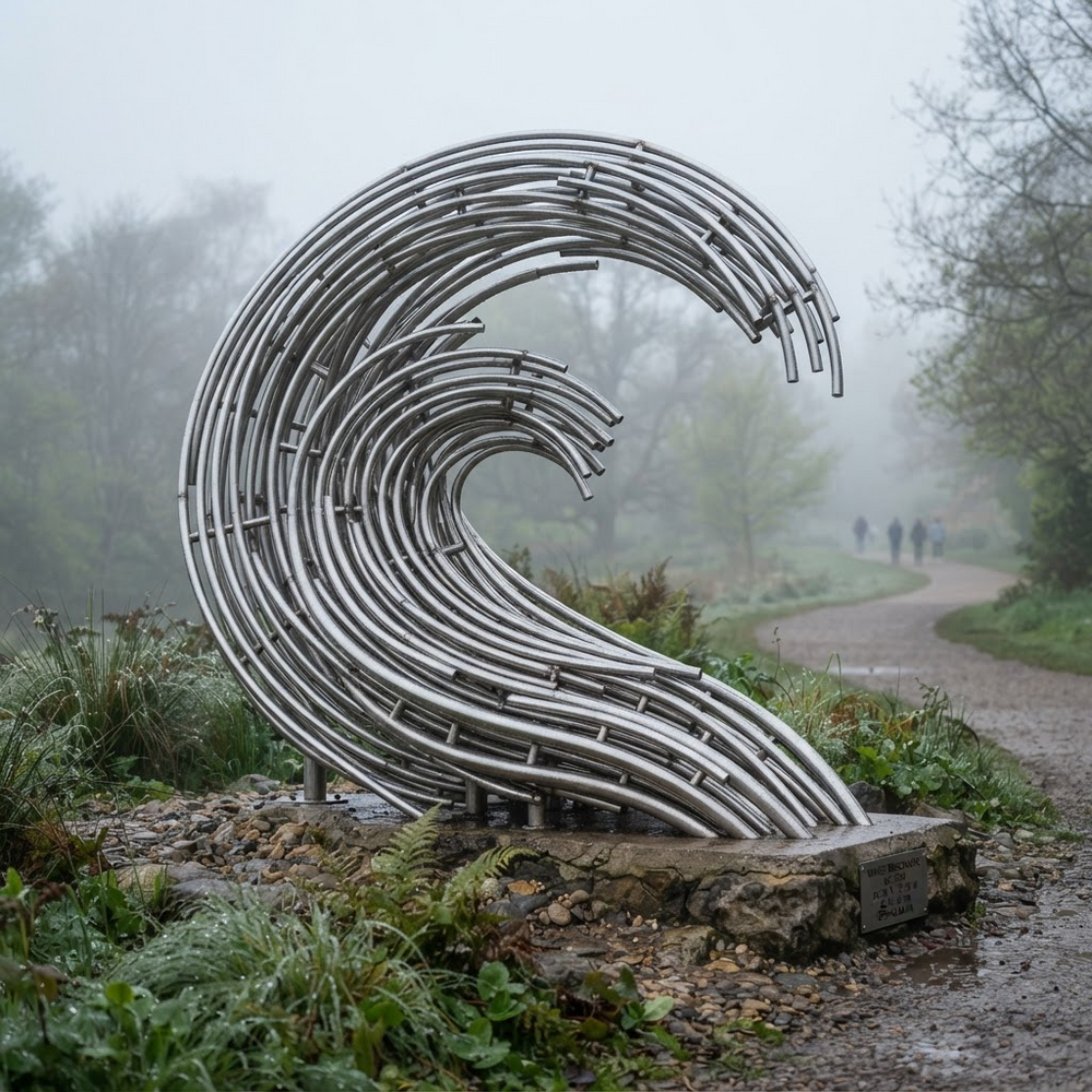 A large metallic wave-shaped sculpture stands on a stone base beside a misty park path with trees and a few distant people in the background.