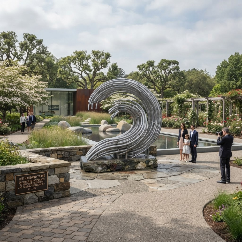 A large abstract wave-like metal sculpture stands in a landscaped garden courtyard with stone pathways, trees, a reflecting pool, and several people standing nearby. A bronze plaque is visible on the left.