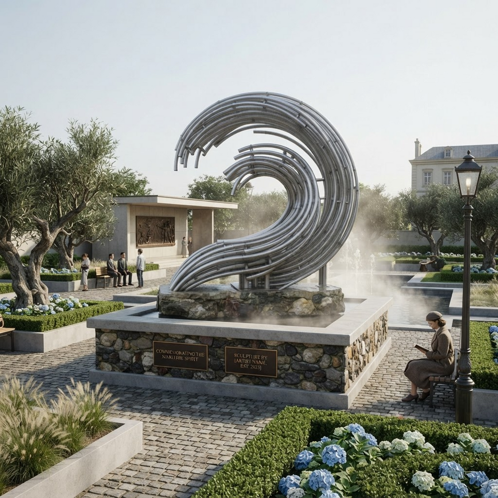 A large modern metal wave sculpture mounted on a stone base in an outdoor plaza, with people seated nearby, trees, flowers, and a fountain in the background.
