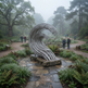 A large metallic wave-shaped sculpture stands on a stone base in a misty park garden, with walking paths, trees, and a few small people visible in the background.