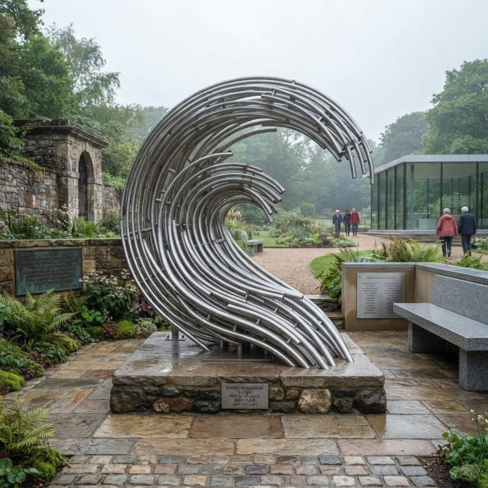 A large metallic wave sculpture on a stone base in a landscaped garden courtyard, with trees, stone walls, benches, and a few distant people visible in the background.