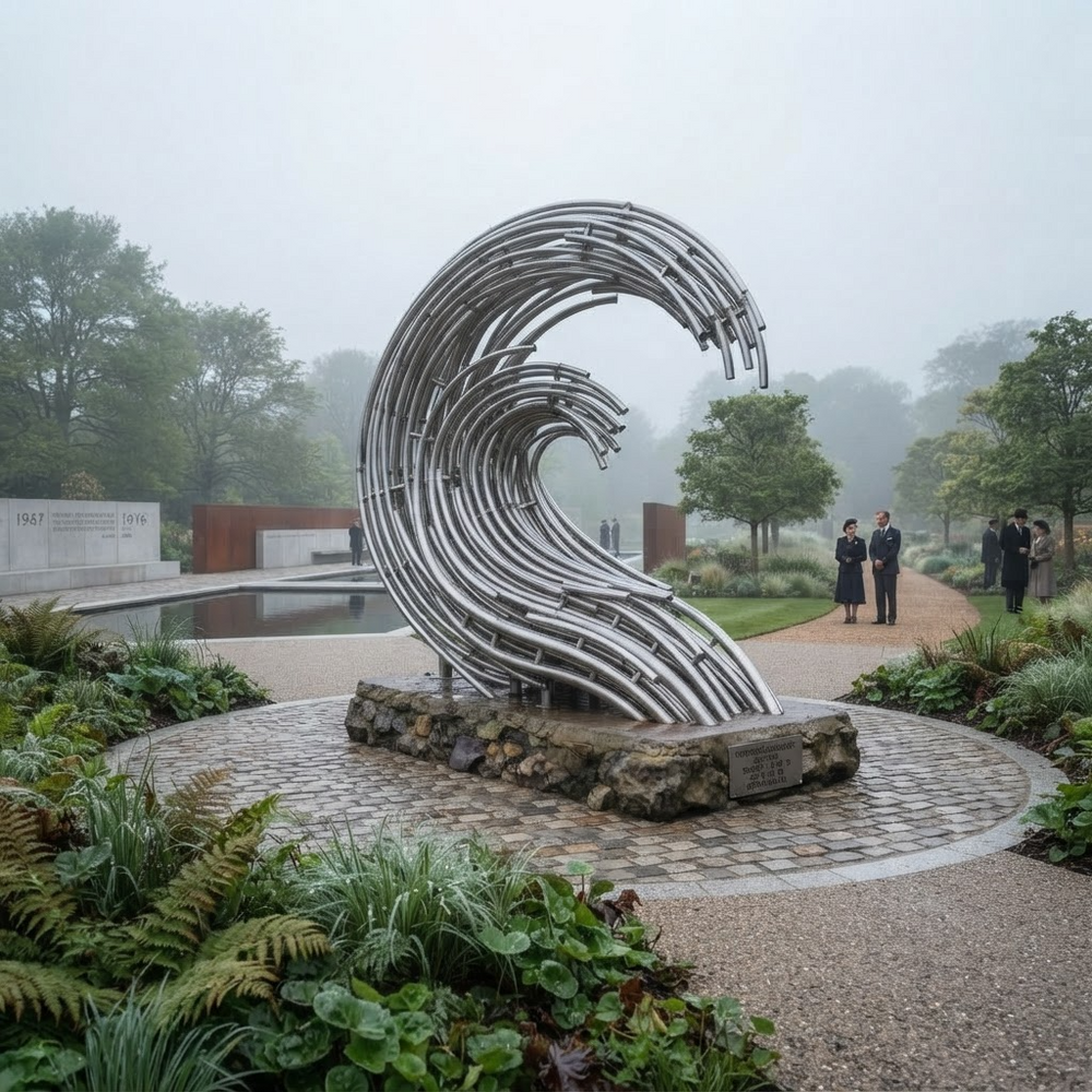 A large metallic wave-shaped sculpture stands on a stone base in a misty landscaped park with pathways, trees, and small visitors walking nearby.