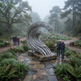 A large metallic wave-shaped sculpture stands on a stone base in a misty garden park, with visitors walking nearby among trees, ferns, and garden paths.