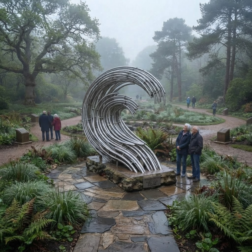 A large metallic wave-shaped sculpture stands on a stone base in a misty garden park, with visitors walking nearby among trees, ferns, and garden paths.