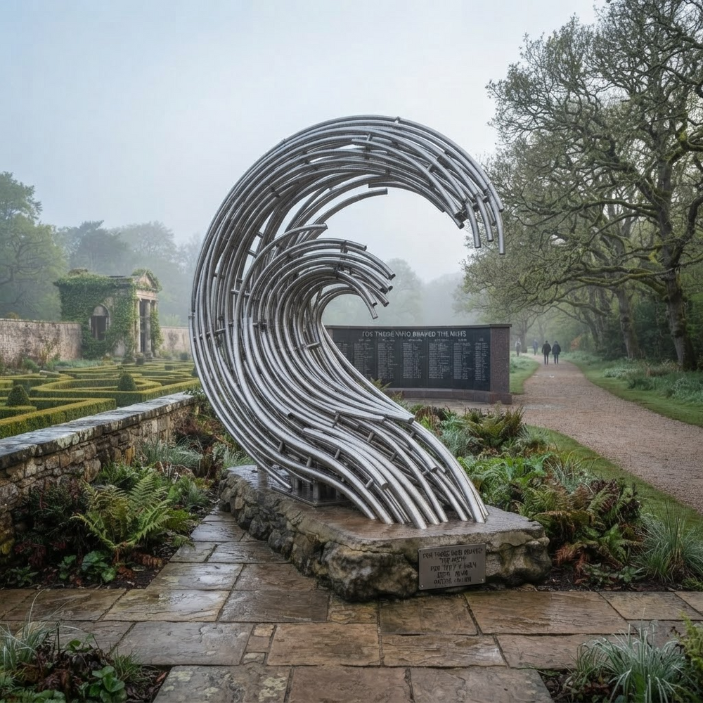 A large abstract wave sculpture made of curved metallic bars stands on a stone base in a misty garden setting, with a path, trees, and a memorial plaque in the background.