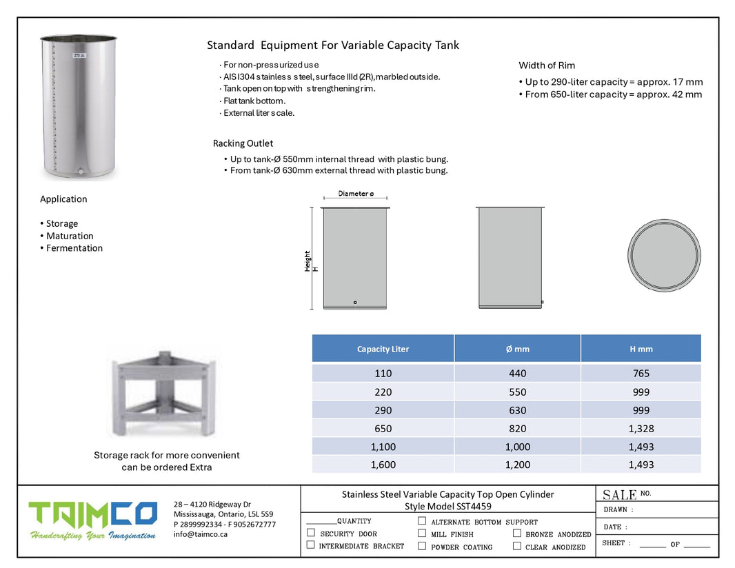 Stainless Steel Variable Capacity Top Open Cylinder Style Model SST4459