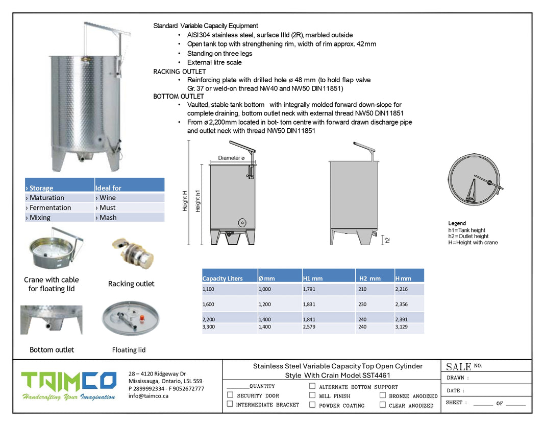 Stainless Steel Variable Capacity Top Open Cylinder Style With Crain Model SST4461