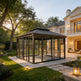 Glass gazebo in a backyard with a house in the background