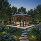 Glass patio enclosure with sliding doors and metal framing