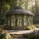Ornate garden gazebo surrounded by flowers and trees
Freestanding ornate metal garden pavilion with scrollwork