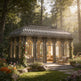 Large iron sunroom structure with double doors and decorative panels