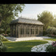 Large iron sunroom structure with double doors and decorative panels