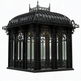 Decorative black metal gazebo with intricate designs on a white background