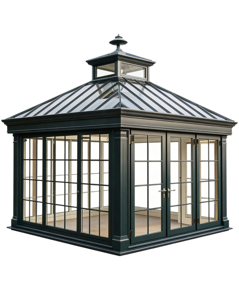 Hexagonal glasshouse with a black frame and white roof on a white background