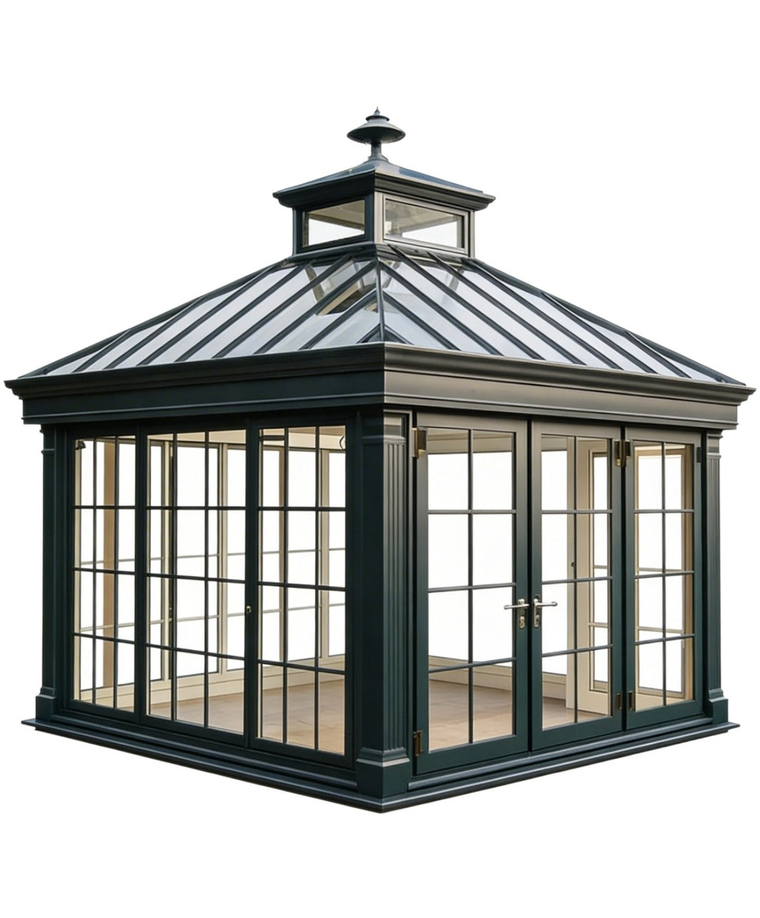 Hexagonal glasshouse with a black frame and white roof on a white background