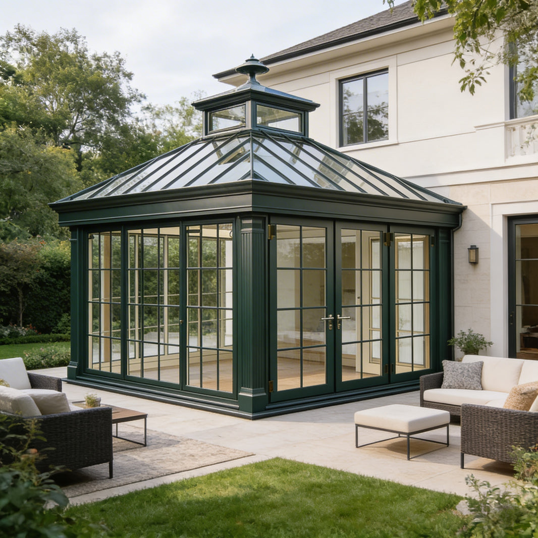 Modern Glass Conservatory Pavilion | Freestanding Steel Sunroom with Raised Cupola Roof & Full‑Height Glass Walls Model # SUNR4345