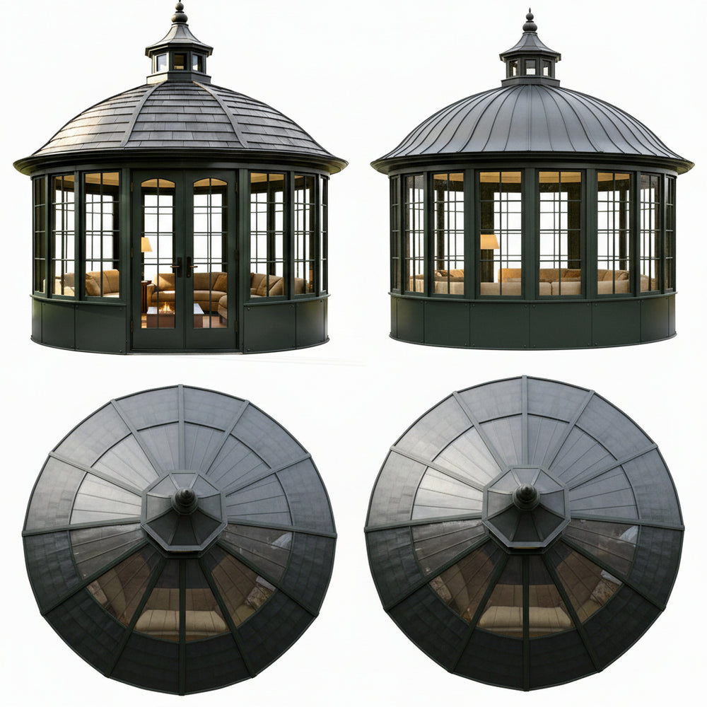 Architectural round sunroom with cupola and arched windows