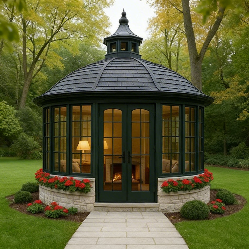 Round glass garden pavilion with shingled roof and cupola
