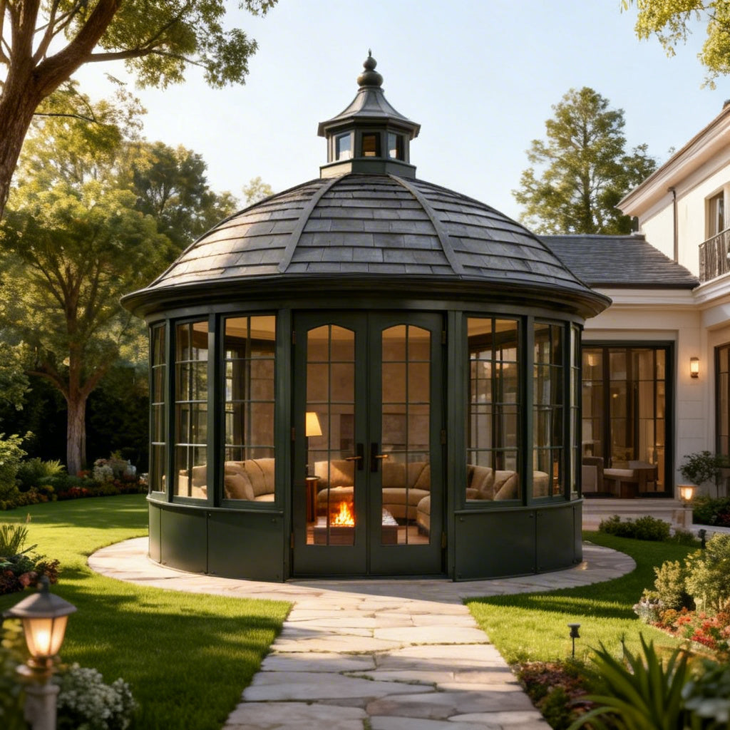 Luxury circular sunroom with arched windows and wrought iron framing