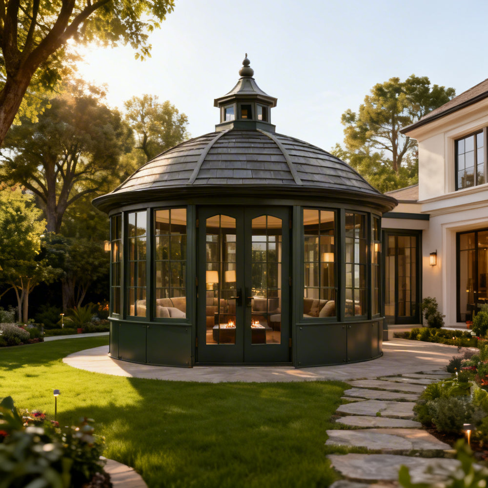 Freestanding round conservatory with 360‑degree glass enclosure
