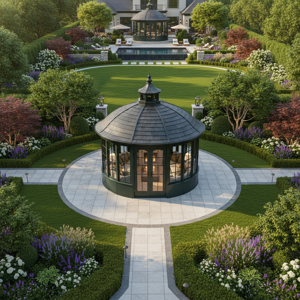 Outdoor lounge pavilion with fireplace and arched glass doors