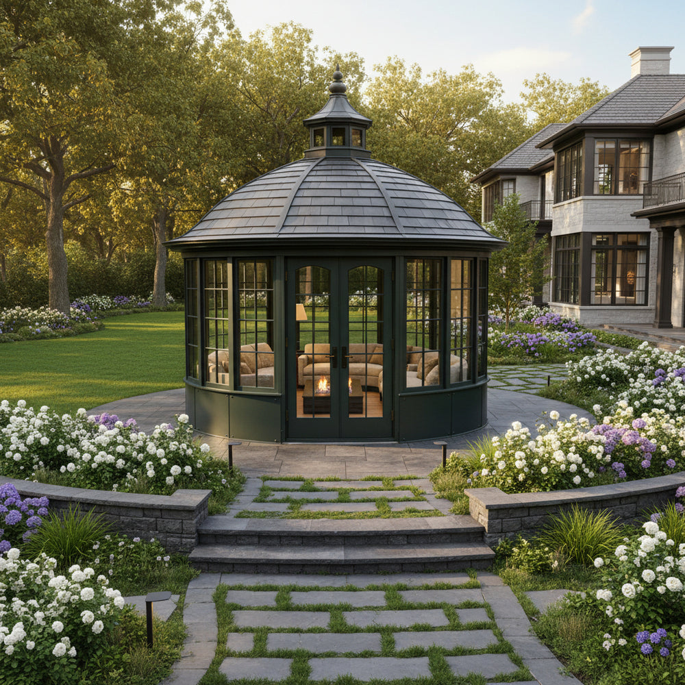Premium round garden room with glass walls and shingled roof