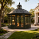 Elegant circular conservatory with wrought iron arches