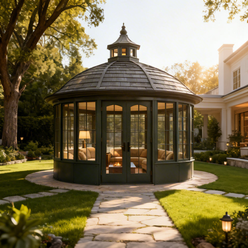 Round outdoor pavilion with full glass enclosure and cozy interior