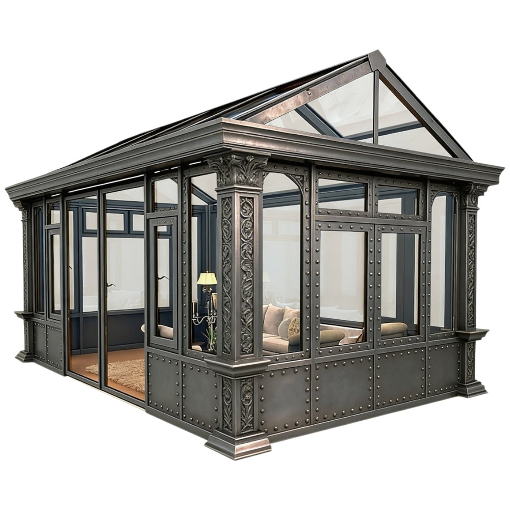 Industrial Victorian glass conservatory with riveted metal panels