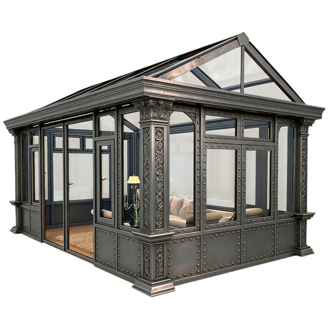 Industrial Victorian glass conservatory with riveted metal panels