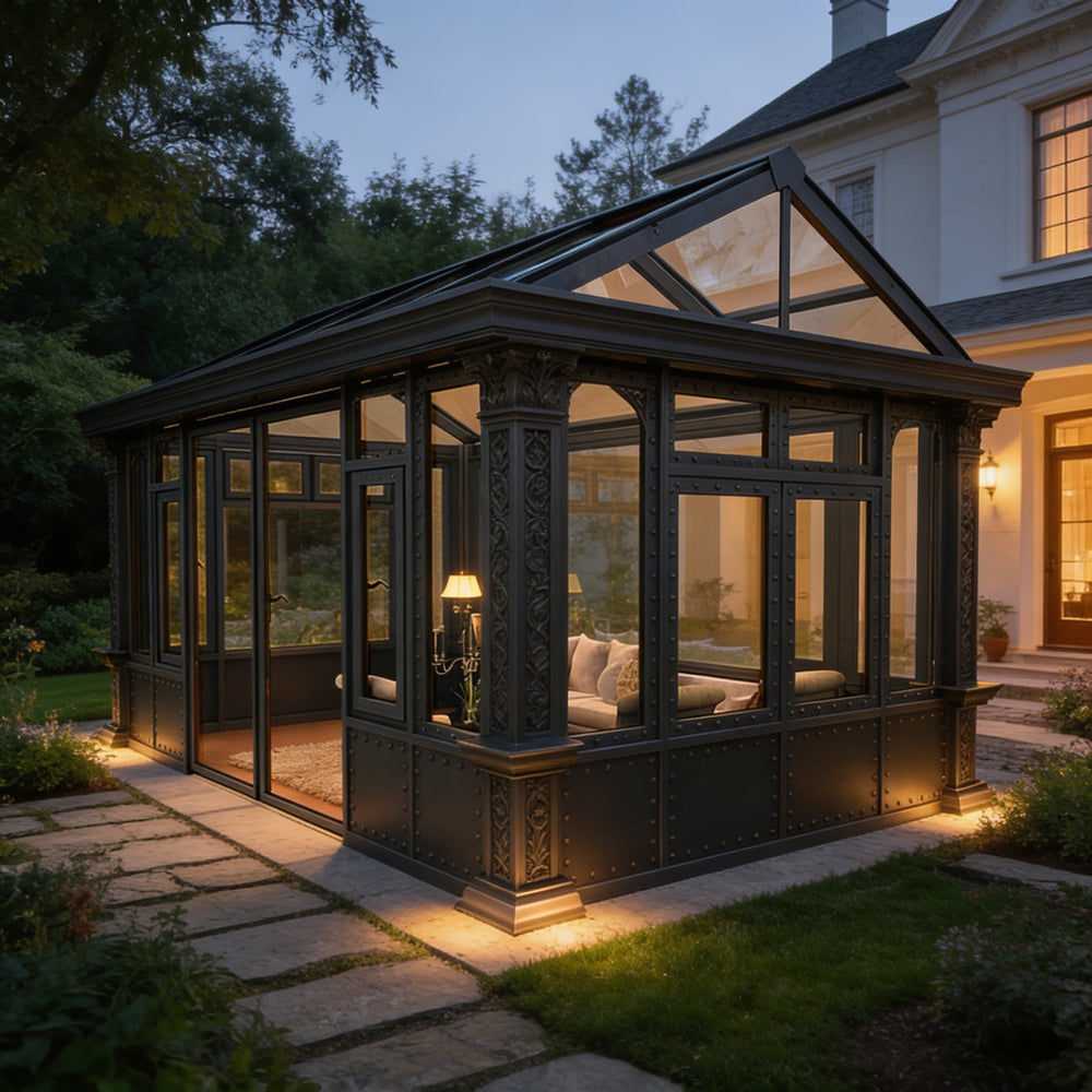 Glass garden room with decorative metal columns and roof panels