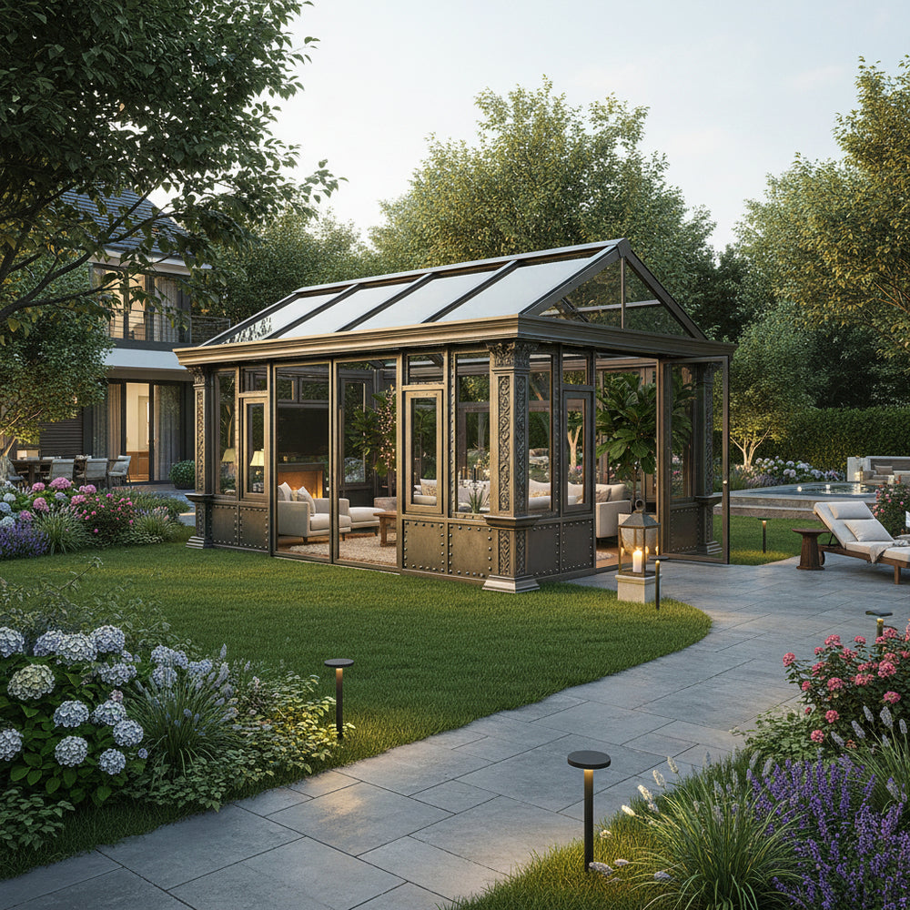 Freestanding steel pavilion with arched windows and glass roof