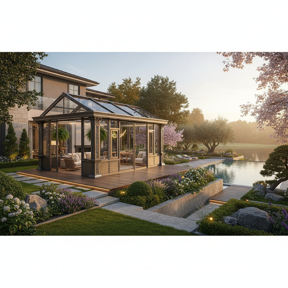 Luxury garden sunroom with industrial‑style metal framing