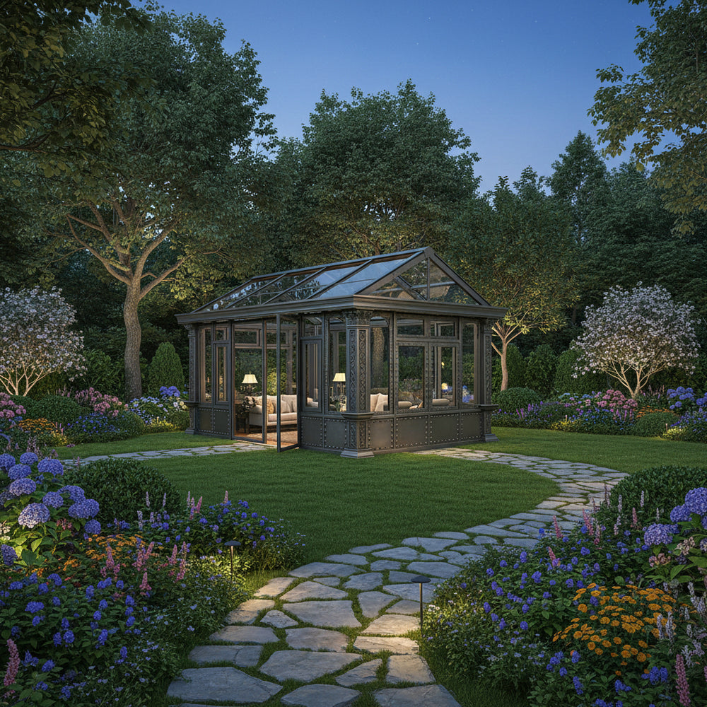 Rectangular glass conservatory with riveted steel columns