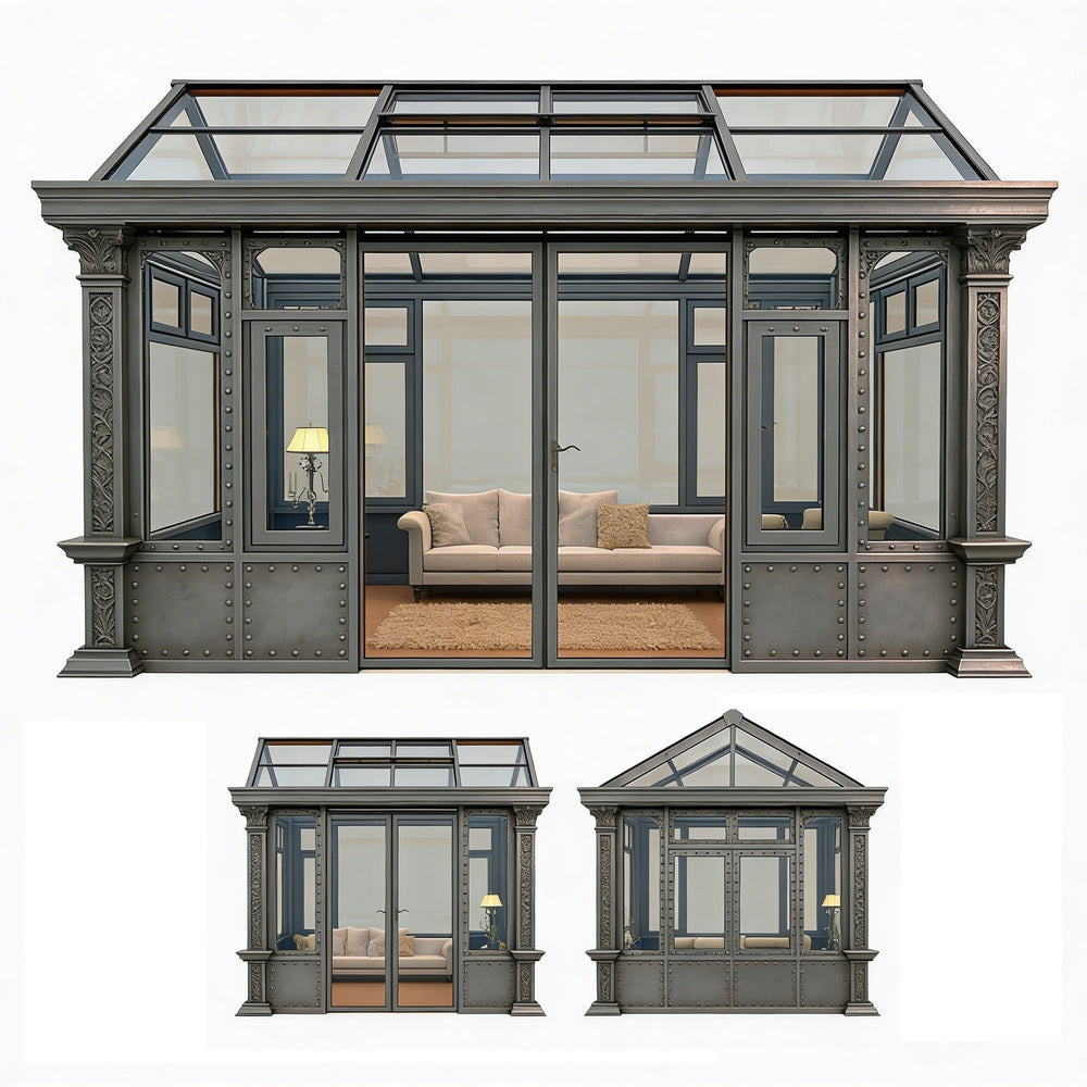 Freestanding metal conservatory with interior sitting area