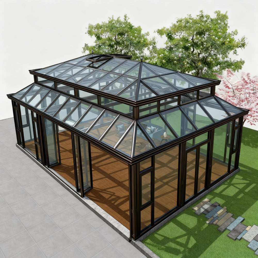 Glass greenhouse with a roof structure on a neutral background